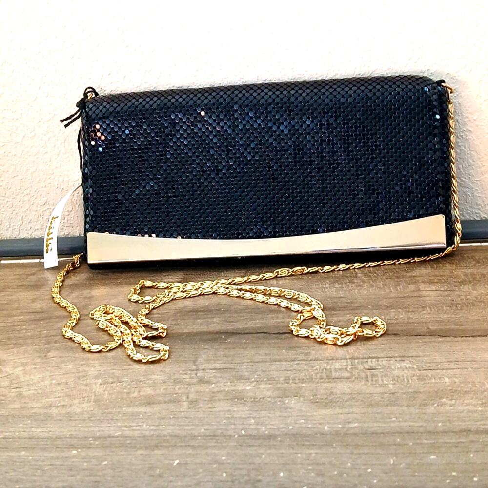 Kate Landry Black Sequin Clutch Purse With Gold Chain Shoulder Strap